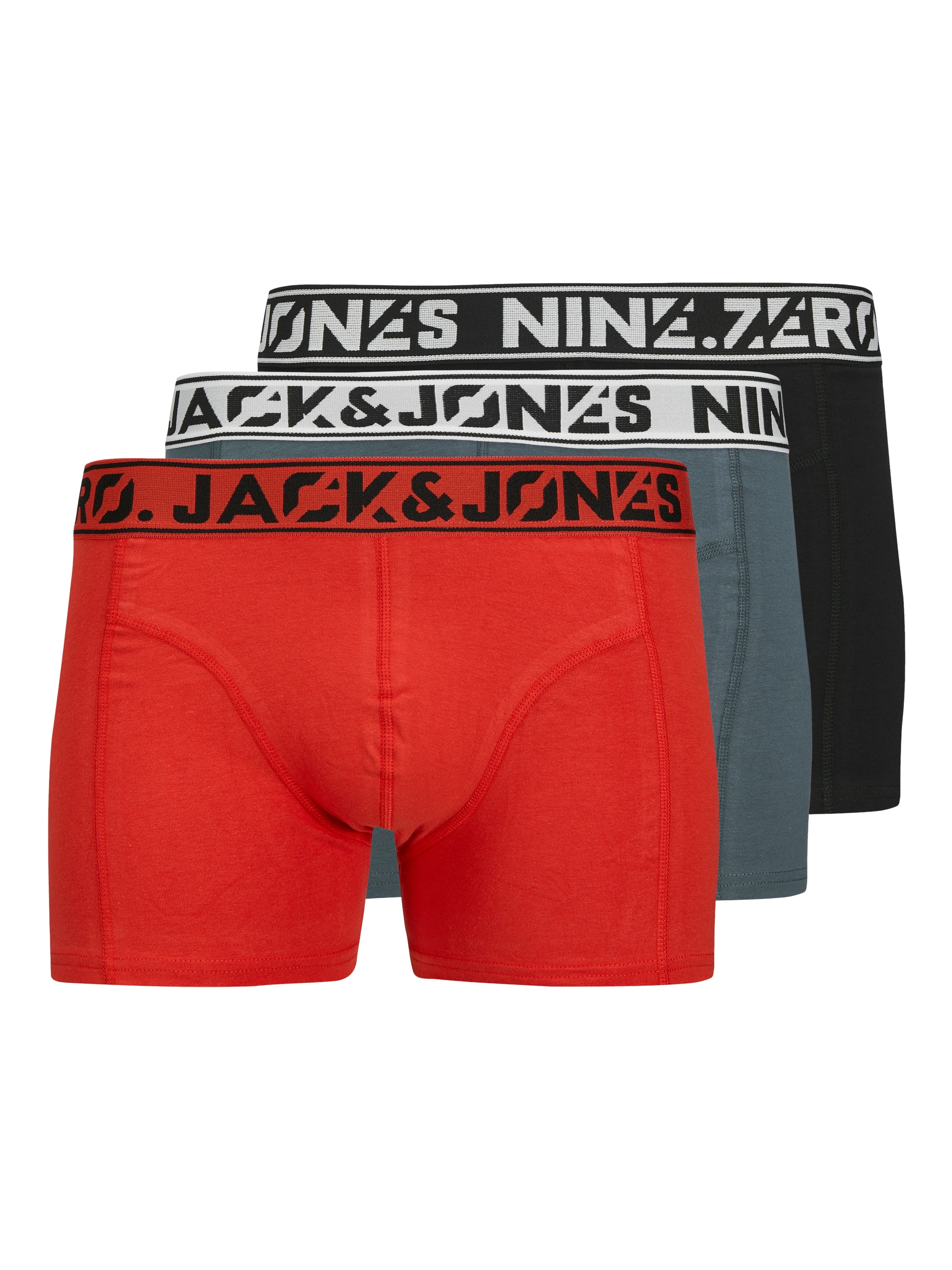 Trunk JACK & JONES "JACNINE.ZERO SOLID TRUNKS 3 PACK", Herren, Gr. M, 3 Stk., stormy weather pack:aurora rot, schwarz, Jersey, Obermaterial: 95% Baumwolle, 5% Elasthan, unifarben, eng, Unterhosen, mit Marken Schriftzug