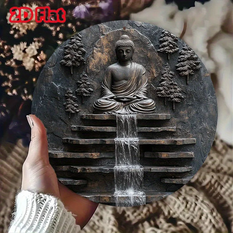 Vintage-Buddha-Meditations-Wandkunst aus Metall – ruhiger Mönch und Wasserfall-Design für Ihren Garten und Ihren Garten
