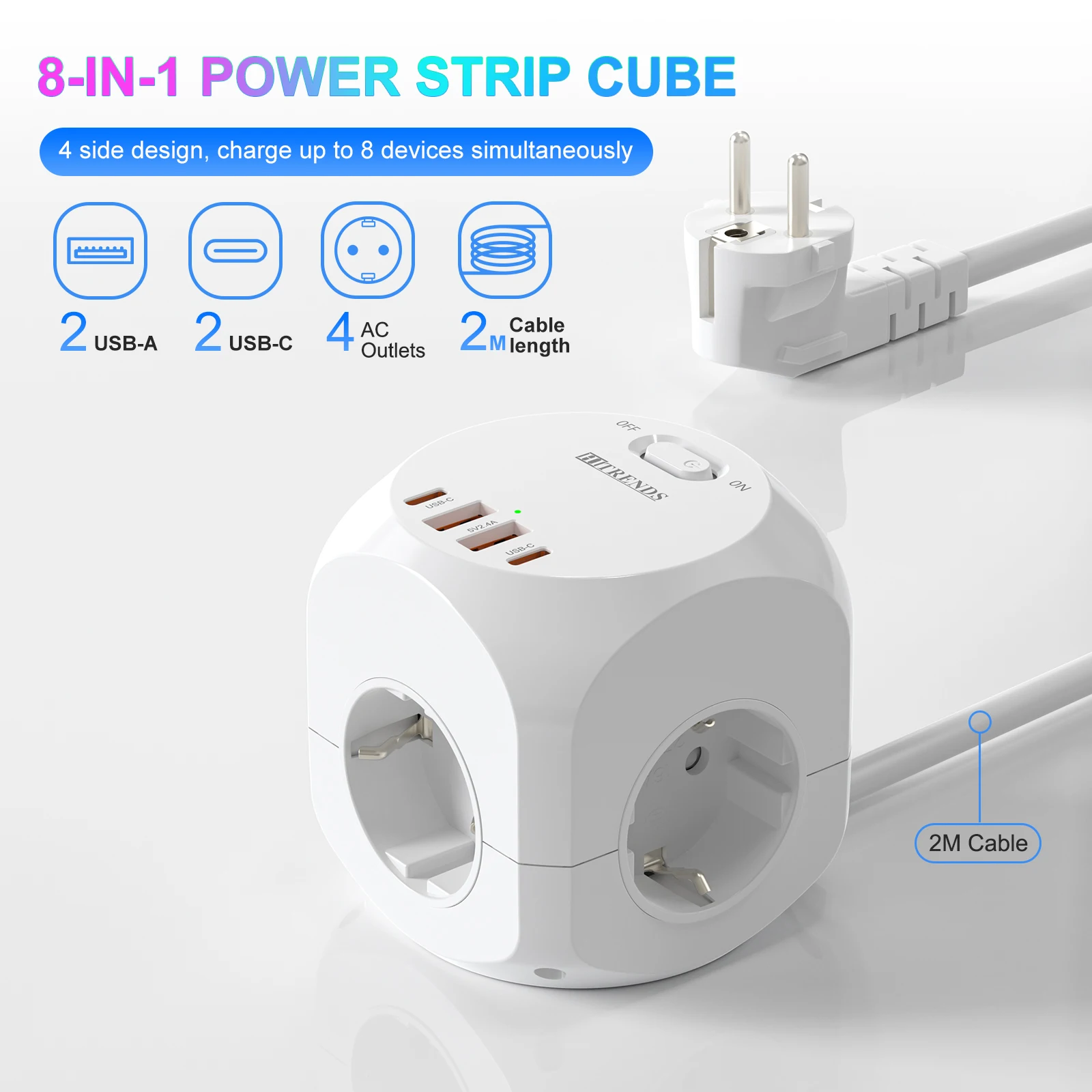 EU-Stecker-Steckdosenleiste mit 4 AC-Steckdosen, 2 USB-Anschlüsse, 2 Typ C, 2 m Verlängerungskabel, Mehrfachsteckdosenadapter mit Schalter für Zuhause Image