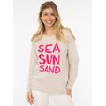 Sweater ZWILLINGSHERZ ""Sea Sand Sun"", Damen, Gr. L/XL, beige, Web, Obermaterial: 70% Baumwolle, 30% Polyester, bedruckt, unifarben, modisch, hüftbedeckend, Rundhals, Langarm, Sweatshirts, Flock-Print, ausgefranster Rundhalsausschnitt, Langarm