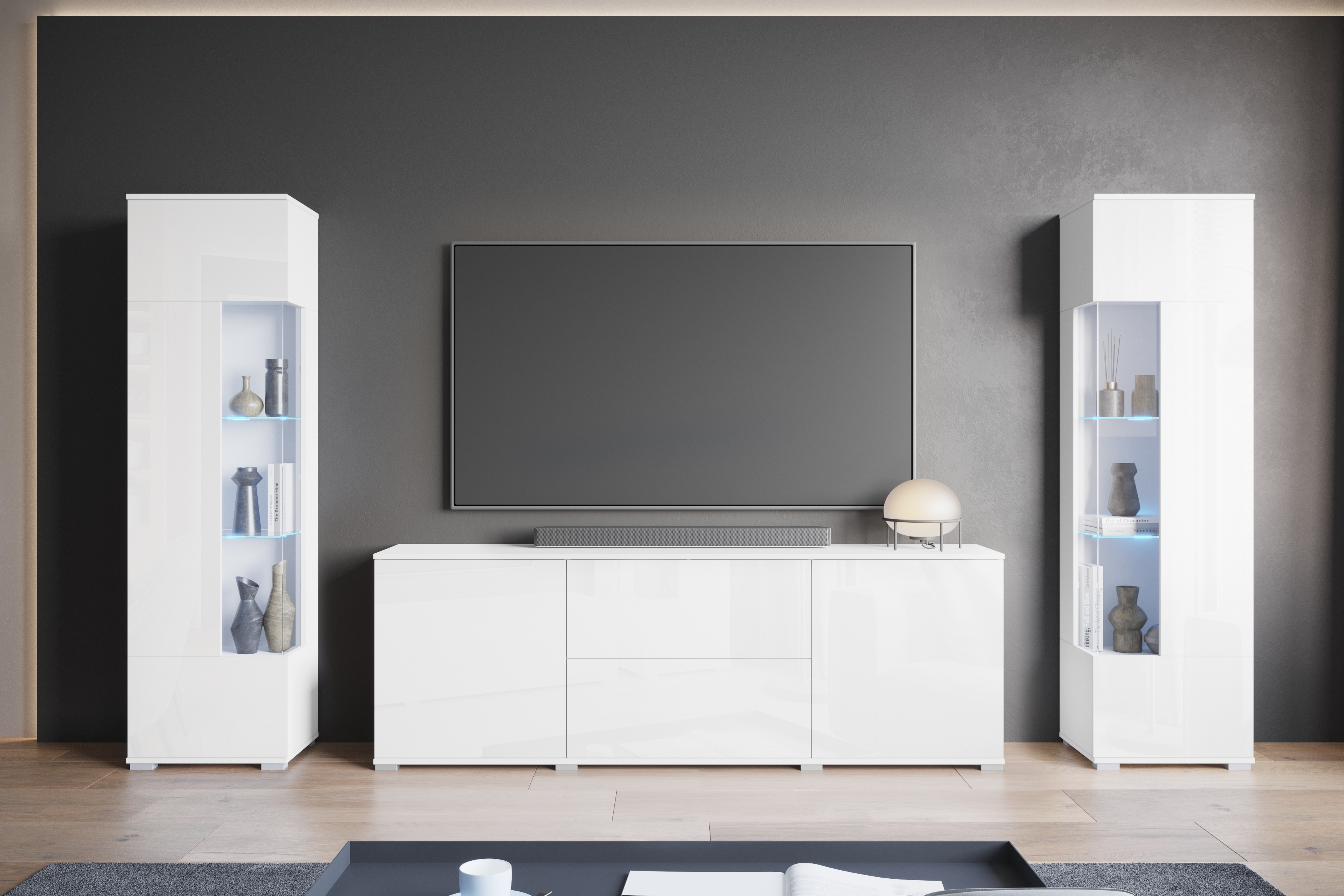 Wohnwand INOSIGN "KENIA", weiß (weiß, weiß hochglanz), B:270cm H:161cm T:34cm, Holzwerkstoff, Kastenmöbel-Sets, Vitrinen mit Eckverglasung, hängend und stehend montierbar, Topseller