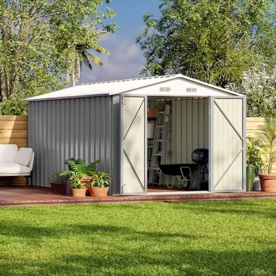 12 x 8 FT Outdoor Storage Shed, Steel Shed Storage House with Design of Lockable Doors, Utility and