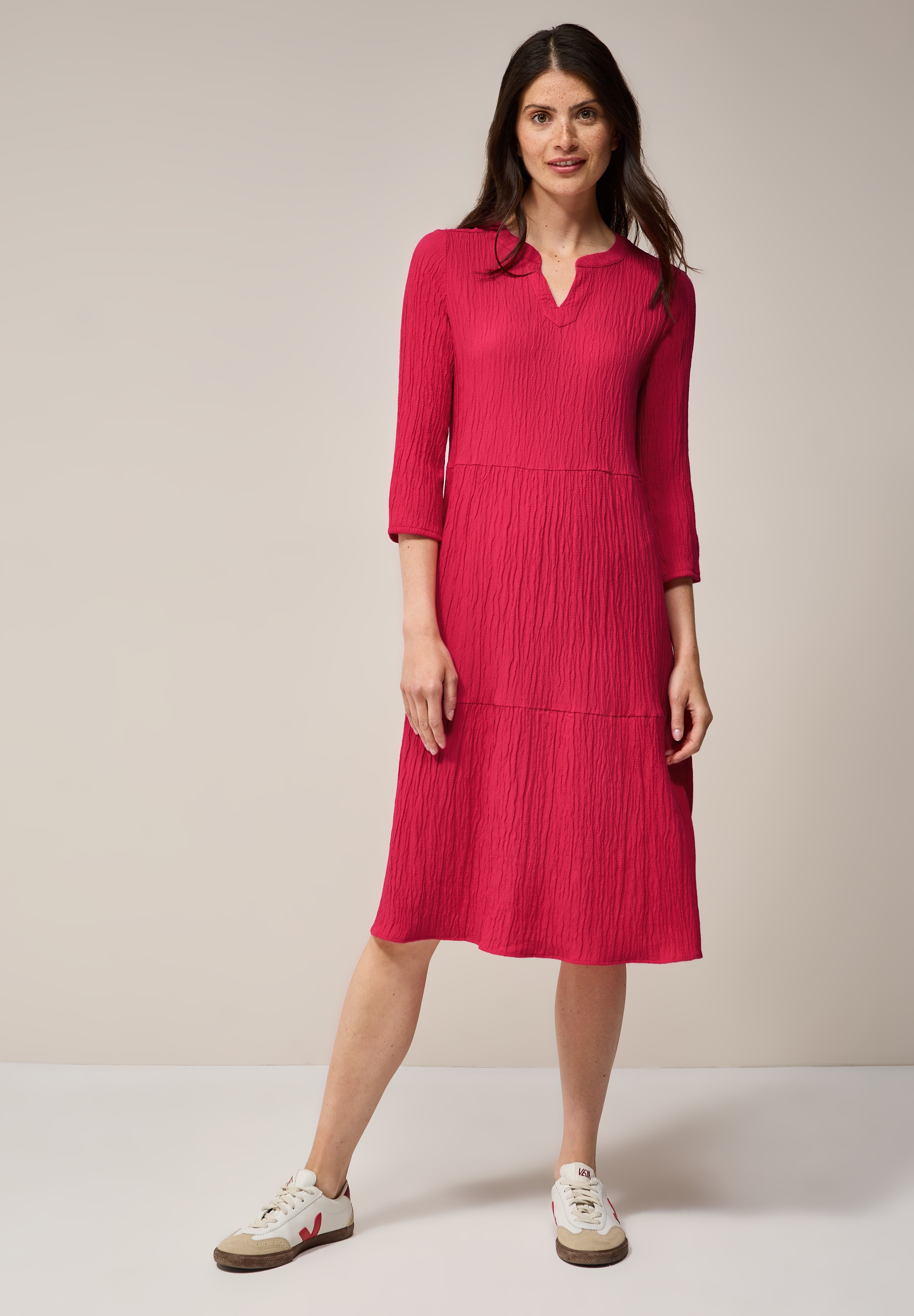 Midikleid CECIL, Damen, Gr. M40, US-Größen, rot (glazed apple rot), Stoff, 56% Viskose, 43% Polyester, 1% Elasthan, unifarben, normal knielang, Rundhals, Bündchen, Kleider Midikleid, knielang