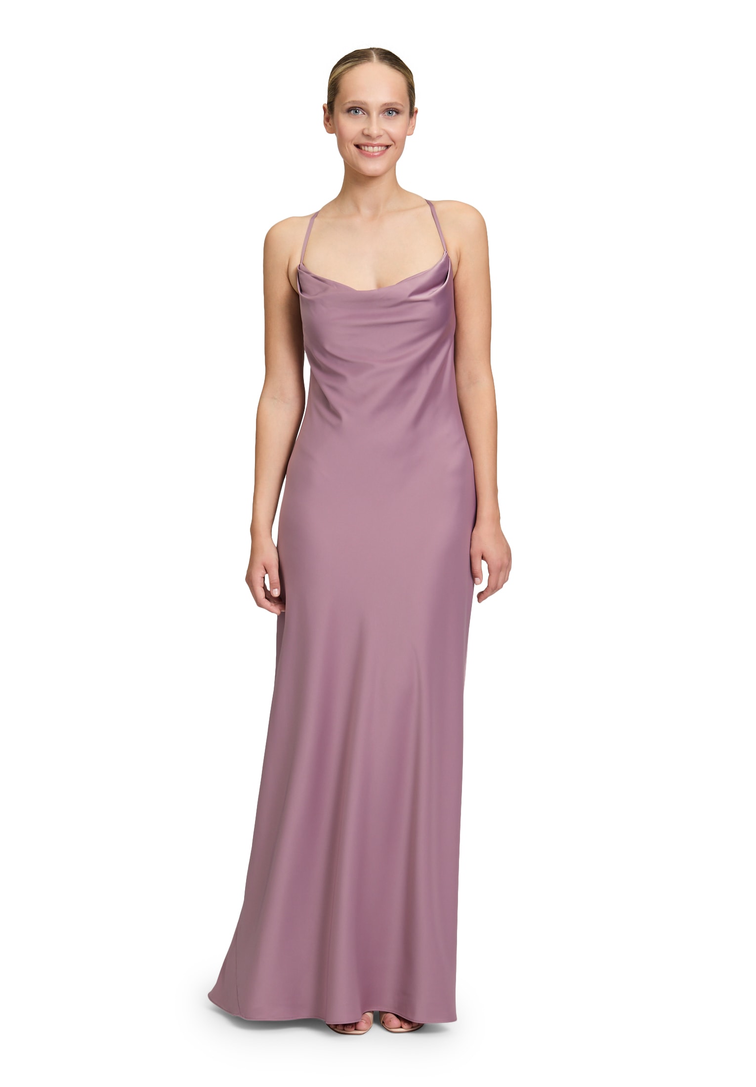 Abendkleid VERA MONT "Damen mit Wasserfallausschnitt", Damen, Gr. 42, Normalgrößen, lila (powder lila), Obermaterial: 97% Polyester, 3% Elasthan; Futter: 100% Polyester, figurumspielend lang, Wasserfallausschnitt, Kleider Abendkleid