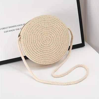 TEMU Handmade Bohemian Style Round Woven Shoulder Bag For Women - Zipper Closure, Beach Vacation Accessory, In Khaki, White & Beige, Retro Paper Material, Casual Image
