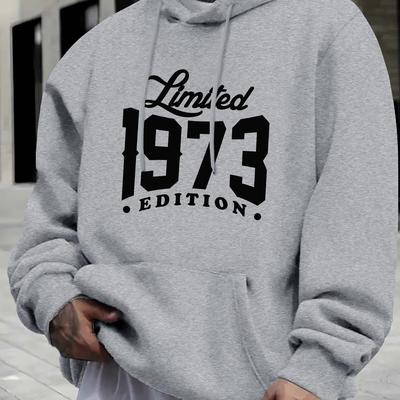 "TEMU 1973 " Men's Royal Blue Hoodie - Casual Graphic Design Pullover With Kangaroo Pocket, Polyester, Machine Washable For Fall/winter Fashion" Image