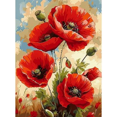 TEMU Poppy Flower Diamond Painting Kit, Elegant Floral Diy Craft Set With Round Acrylic Diamonds, Design For Home Decor, Living Room, Office, Bedroom, Patio - Frameless 11.81x15.75 Inches Image