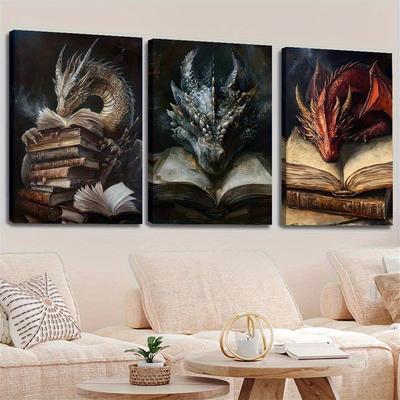 TEMU 3pcs 5d Frameless Diy Canvas Diamond Painting, Mythical Creatures, Mythology Books, Fans, Dragon Reading Art, Indoor Home Wall Decoration Art, Mythological Room Decor Image