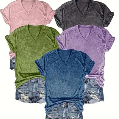 TEMU 5 Solid Color V-neck T-shirts, Casual Short-sleeved T-shirts Spring And Summer, Women's Clothing Image