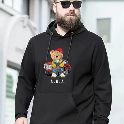 TEMU Cozy Plus-size Fleece Hoodie With Racing Bear Graphic - Casual Polyester Pullover For Men, Warm Autumn & Winter Streetwear, , Sweater Hoodie, Plus Size Image