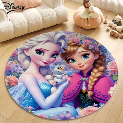 TEMU 1pc Princess & Anna Pattern Round Flannel Mat - Easy To Clean, Non-slip, Machine Washable, Ideal For Bedroom, Living Room, Office - Vibrant Image