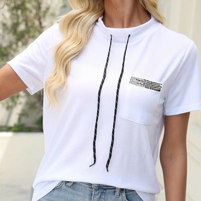 TEMU Women's Casual Summer T-shirt With Drawstring Neckline - White, Short Sleeve, , Summer Top| Top|rhinestone Detail Image