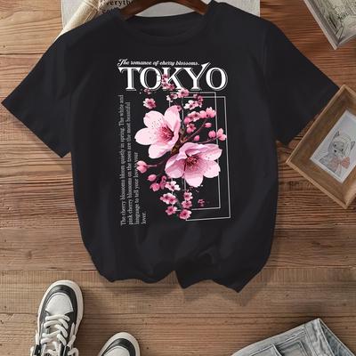 TEMU Women's Plus Size Tokyo Print T-shirt, Casual Crew Neck Short Sleeve Top With Cherry Design, Fashionable Tee, Polyester Blend, Oversized Fit, Spring Summer Fashion Top| Top|polyester Blend Shirt Image
