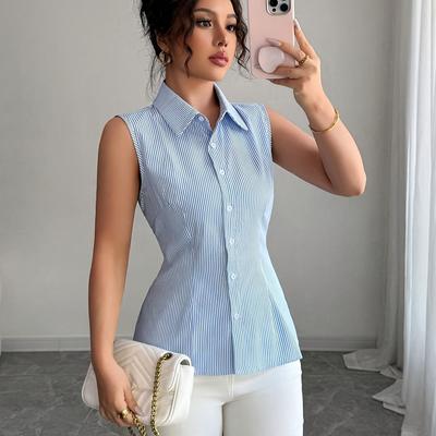 TEMU Women's Elegant Backless Striped Shirt - Vertical Stripes, Lightweight Breathable Fabric, Classic Collar With Adjustable Tie Waist, Machine Washable For Spring Summer Fall Casual & Formal Wear Image