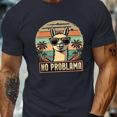 TEMU Alpaca Wearing Sunglasses Print Men's Crew Neck Short Sleeve T-shirt, Slightly , Comfy Summer Top For Image