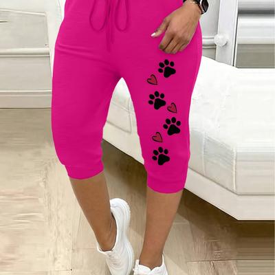 TEMU Women's Plus Size Pink Bermuda Shorts - Casual Loose Fit With Elastic Waistband, Geometric Paw , Summer Image