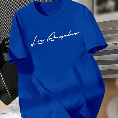 TEMU [elastane Fabric] Los Angeles-inspired Men's Royal Blue T-shirt - Casual Crew Neck, Short Sleeve With Geometric Print, Lightweight Polyester Blend, Summer Layering Image