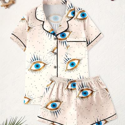 TEMU Women's Elegant Pajama Set With Pattern - Short Sleeve, Button-up Shirt & Shorts, Polyester, Wear, Relaxed Fit, Adult Size, Casual | Print|polyester Image