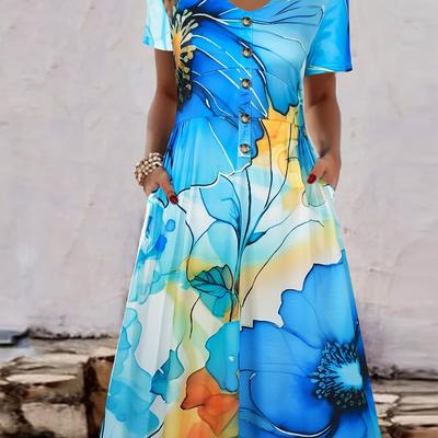 TEMU Plus Size Women's Short-sleeve Dress With V-neck, Floral Print, And Button Decoration. Image