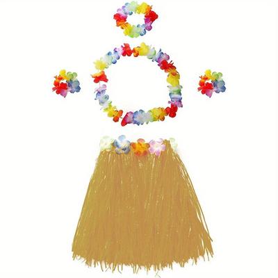 TEMU 5pcs, Purple Hawaiian Hula Dancer Costume Set - Elastic Grass Skirt With Flowers, Tropical Birthday Party And Holiday Decorations Image