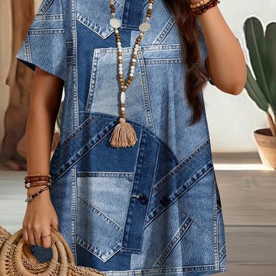 TEMU Women's Plus Size Denim Print Loose- - Casual Summer Street Style With Asymmetrical Hem, Crew Neck, And Short Sleeves Image