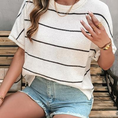 TEMU Women's Casual Striped Pullover T-shirt - Jersey Knit, Crew Neck, Short Sleeve, Color Block, Regular Fit, High Stretch Image