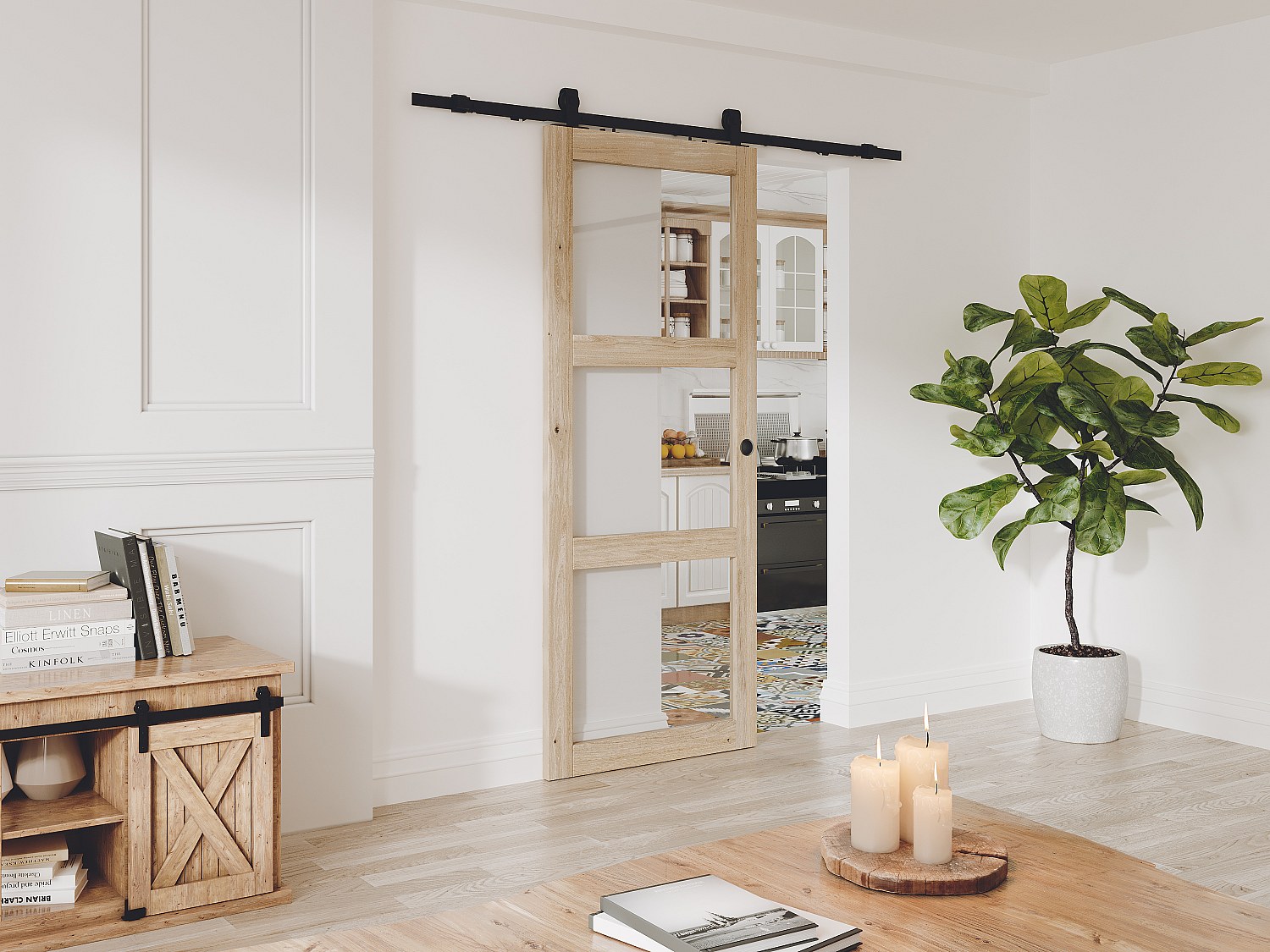 Porta scorrevole con sistema esterno muro in legno e vetro temperato 3 finestre H205 x L73 cm - ACOSTA II