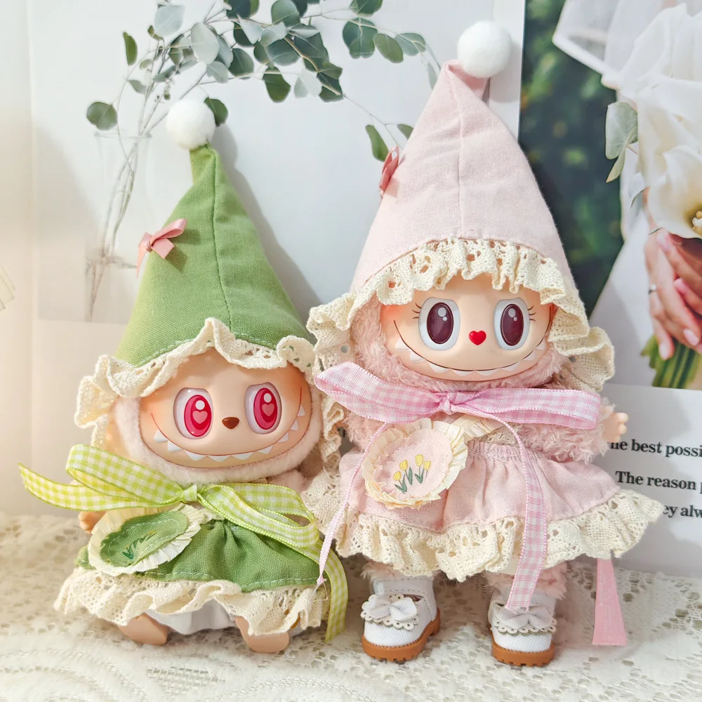 Labubu Kleidung für 15–17 cm I II III Plüsch Idol Puppe rosa grün Elf Serise Hut Schuhe Set Puppe Kleidung Dekoration Fans Kinder Geschenk