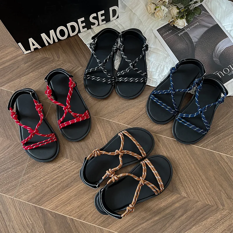 Seil Weben Rom Sommer Sandalen Frauen Casual Strand Gladiatod Wohnungen Schuhe Damen Haken Schleife Schuhe Böhmen Designer Schuhe Neue