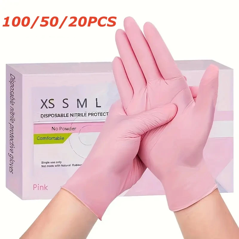 100/50/20PCS Rosa Nitril Einweghandschuhe Puder- und latexfreie Reinigungshandschuhe Damen Schönheitssalon Tattoo Haarfärbemittel Make-up-Handschuhe Image