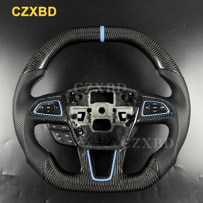 Flache Form für Ford Focus RS MK3 2015 2016 2017 2018 Glänzend Schwarzes Carbon-Lenkrad mit Blauer Markierung und Ziernähten, Individuell Anpassbar Image