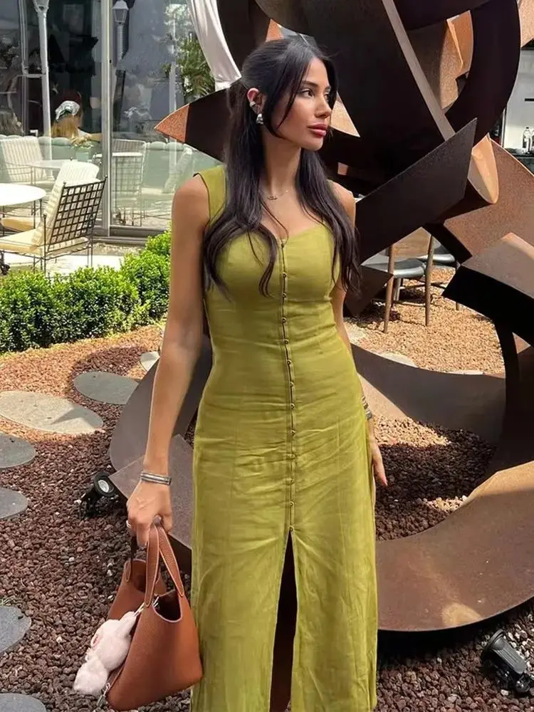 2023 sommer Elegantes Kleid Frauen Fashion Solid Square Kragen Ärmelloses Einreiher Kleid Damen Urlaub Grün Verschüttet Kleider