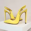 Sexy Gelb Matte Leder Slingback Frauen Schuhe Spitz Ankle Strap 12 CM 10 CM 8 CM Stiletto High Heels