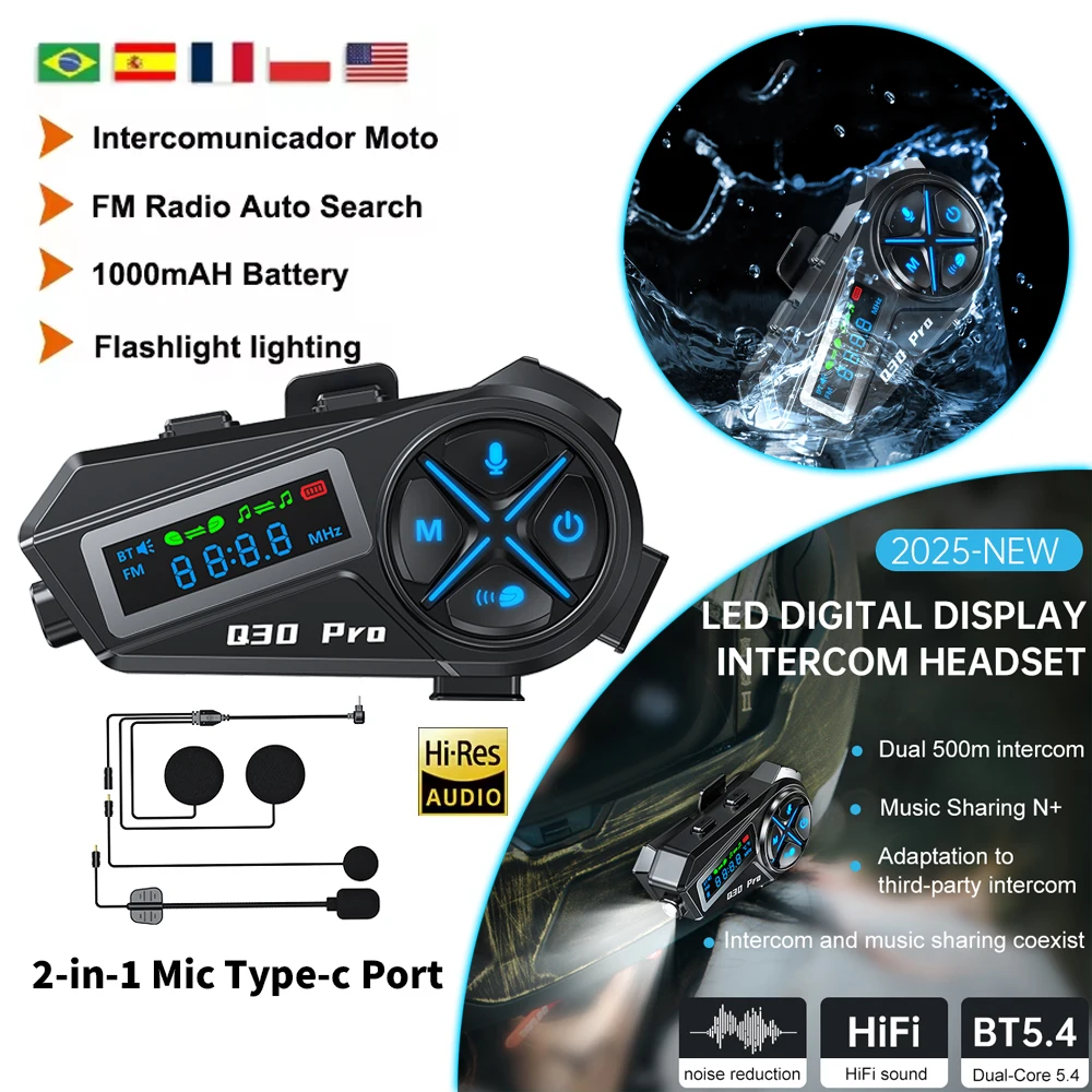 Q30Pro Helm Bluetooth Headset Led Mix Musik Teilen FM Wasserdichte Taschenlampe 2 Personen 500 M Intercom Helm Headset 1000 mah Image