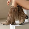 Große Größe 45, Damen-Retro-Ethno-Western-Cowboystiefel, Block, mittlere Absätze, Quaste, Fransen, kniehoher Stiefel, Damen-Winterschuhe, versandkostenfrei