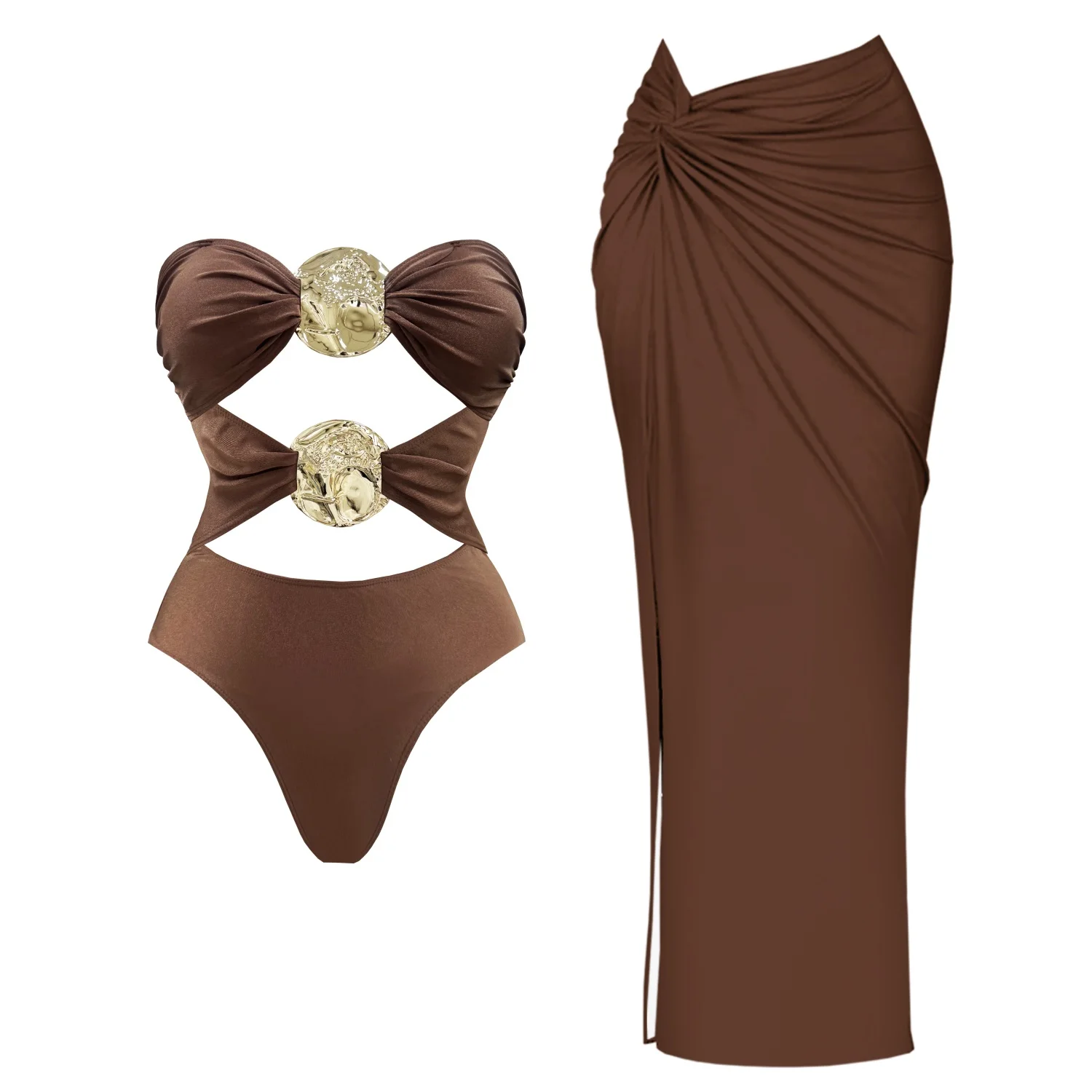 Schulterfreier Badeanzug, sexy Damen-Bademode, 2025, glänzender Knopf-Bikini, weibliche Badeanzüge, einfarbig, schwarzer Body, Strandmode Image