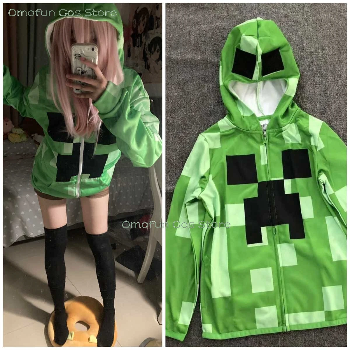 Grünes Pixel-Stil-Muster Kapuzenjacke Sweatshirt Creeperr Cosplay Minecrafting Kostüm Spiel Halloween Event Outfit Kinder Erwachsene Image