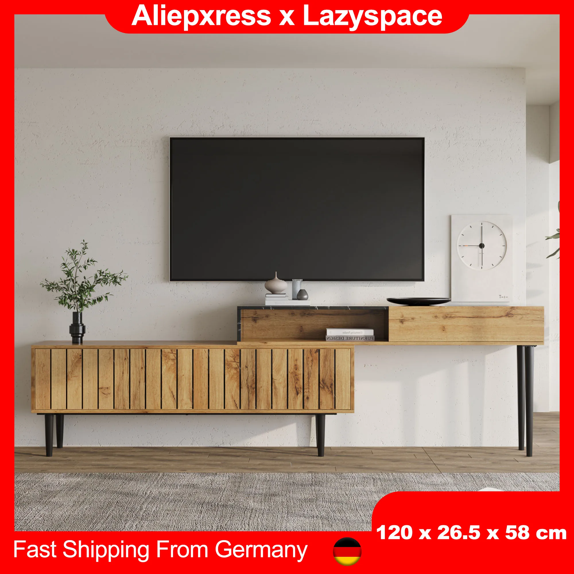Meuble TV moderne Lazyspace avec marbre et grain de bois, meuble TV avec pieds en fer, meuble TV en bois avec espace de rangement