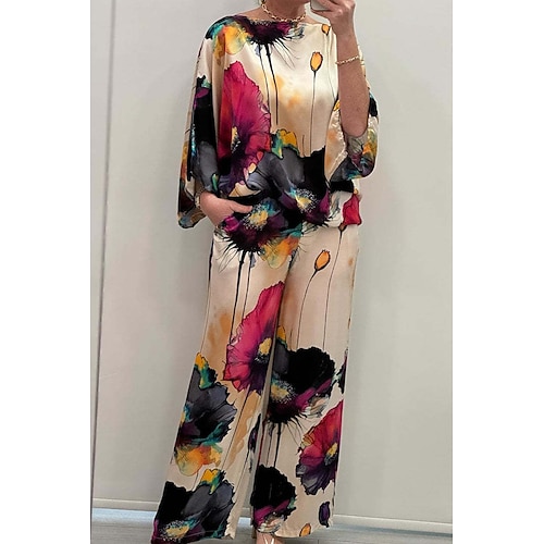 Da donna Taglia EU / US2 Pieces SetsModa Elegante Tuta Bolero Top Manica 3/4 Girocollo Floreale Stampato Abbigliamento quotidiano Nero Giallo Rosa Tutte le stagioni Vestibilità comoda