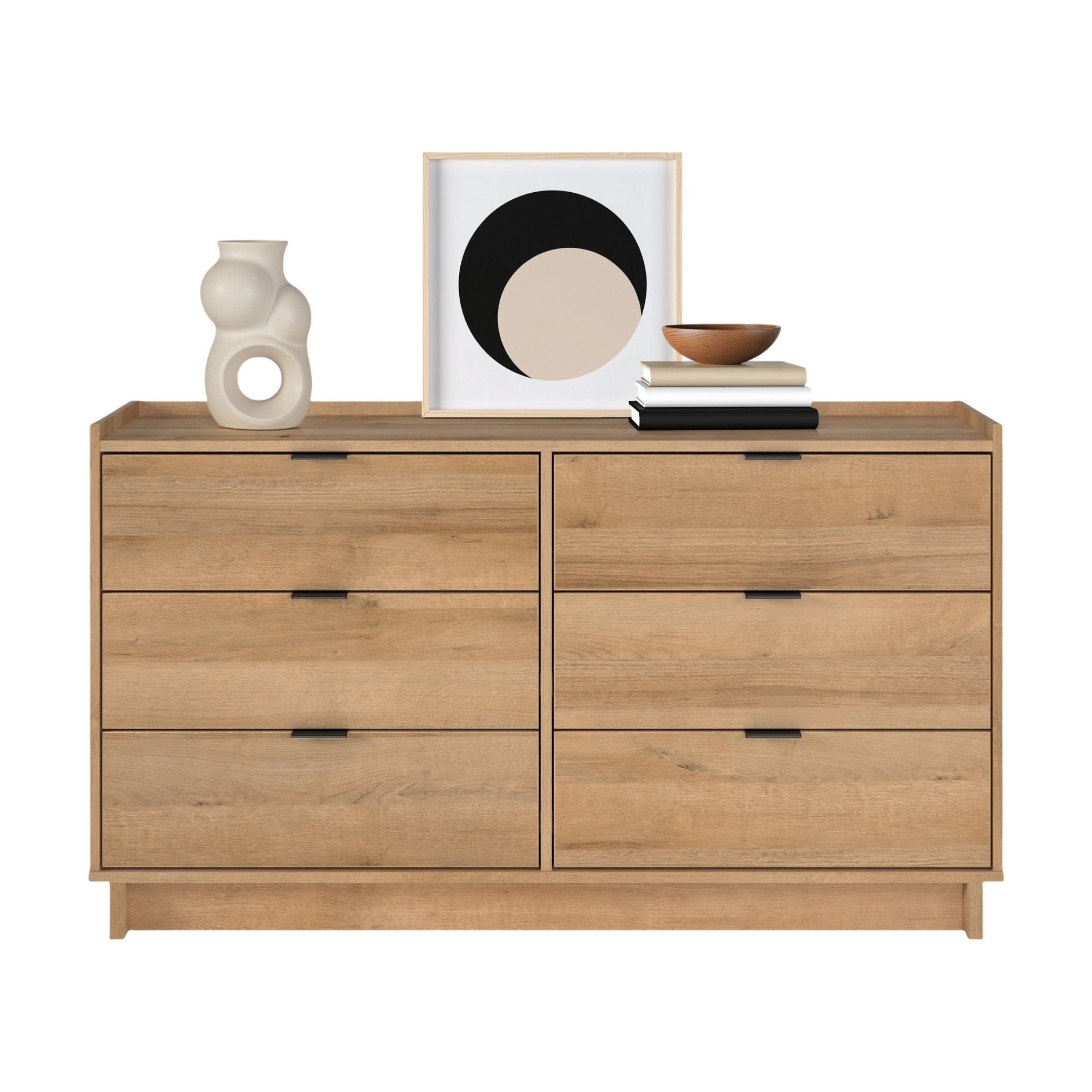 Prepac Simply Modern 6-Drawer 52.5" W Double Dresser for Bedroom, Chest of Drawers, Modern Bedroom Furniture, Oak