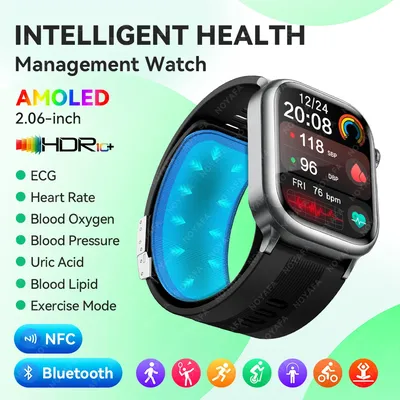 2025 New Accurate AMOLED Smart Watch Blood Pressure Measurement Watches Blood Lipid ECG NFC Health Fitness Sport SmartWatch