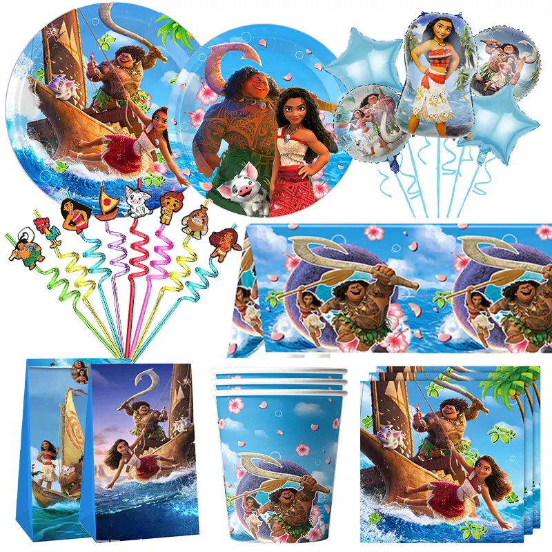 Moana 2 Birthday Decoration Tableware Set Maui Tablecloth Cup Plate Napkin Balloon Gifts Bags Kids Moana Party Favors Supplies