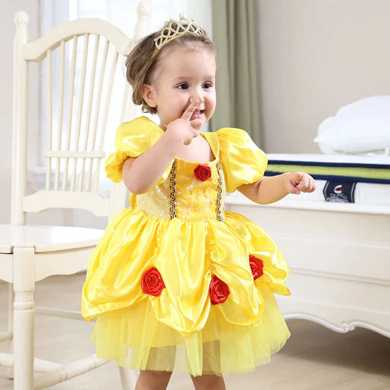 Baby Gelbes 3D-Blumenkleid Kurzarm Belle Prinzessin Kleid Weiches, atmungsaktives Säuglingskleid Größe 6M-3Y Kindergeburtstag Partykleid