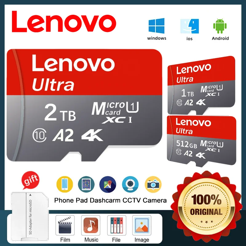 Lenovo Scheda Micro SD da 2 TB Scheda di memoria SD Scheda TF ad alta velocità da 1 TB 512 GB Scheda video Ultra-HD U3 Classe 10 4K Schede di memoria Flash SD