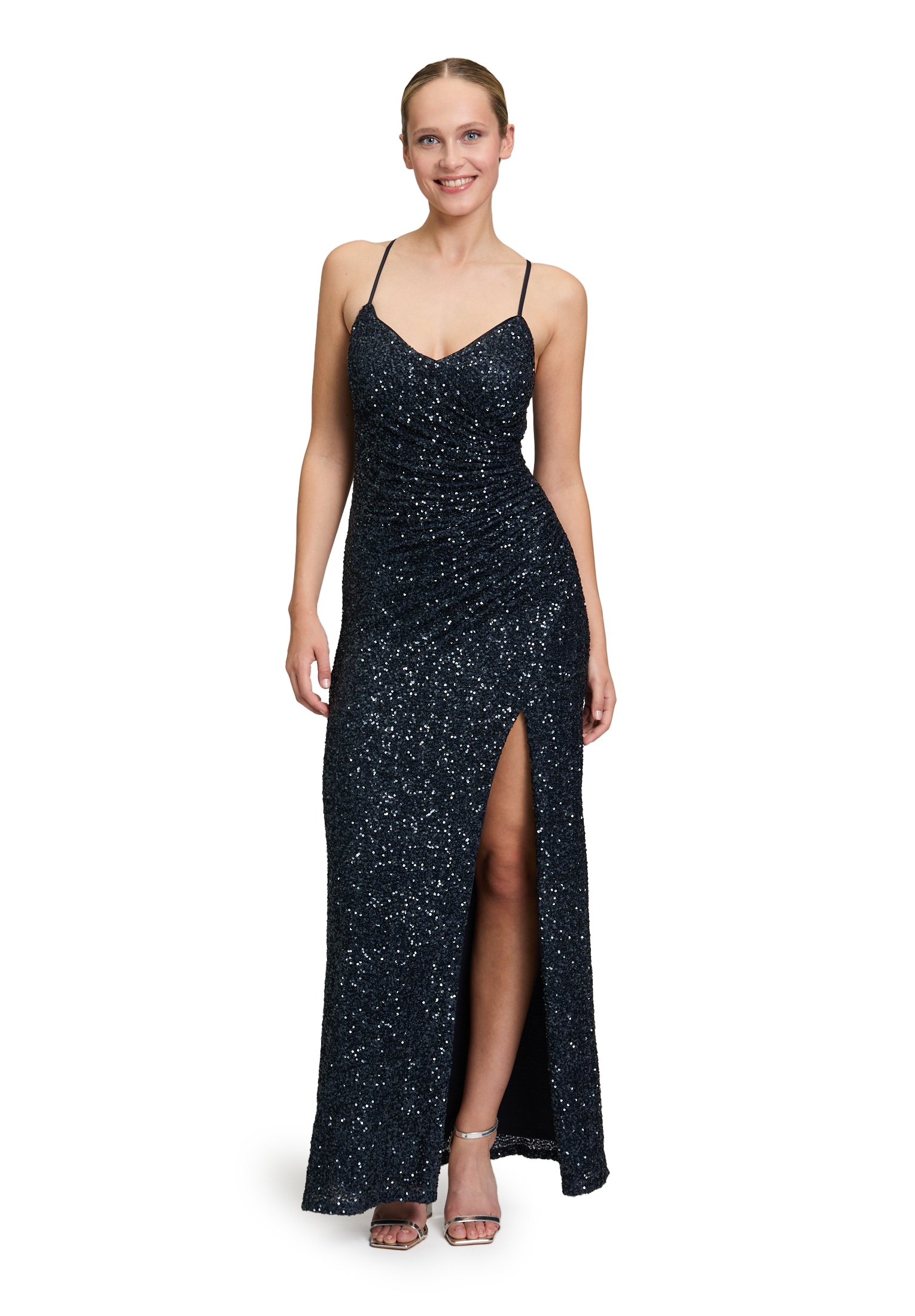 Abendkleid VERA MONT "Damen Abendkleid figurbetont", Damen, Gr. 36, Normalgrößen, blau (night sky), Obermaterial: 95% Polyester, 5% Elasthan. Futter: 100% Polyester., figurbetont lang, V-Ausschnitt, Kleider Image