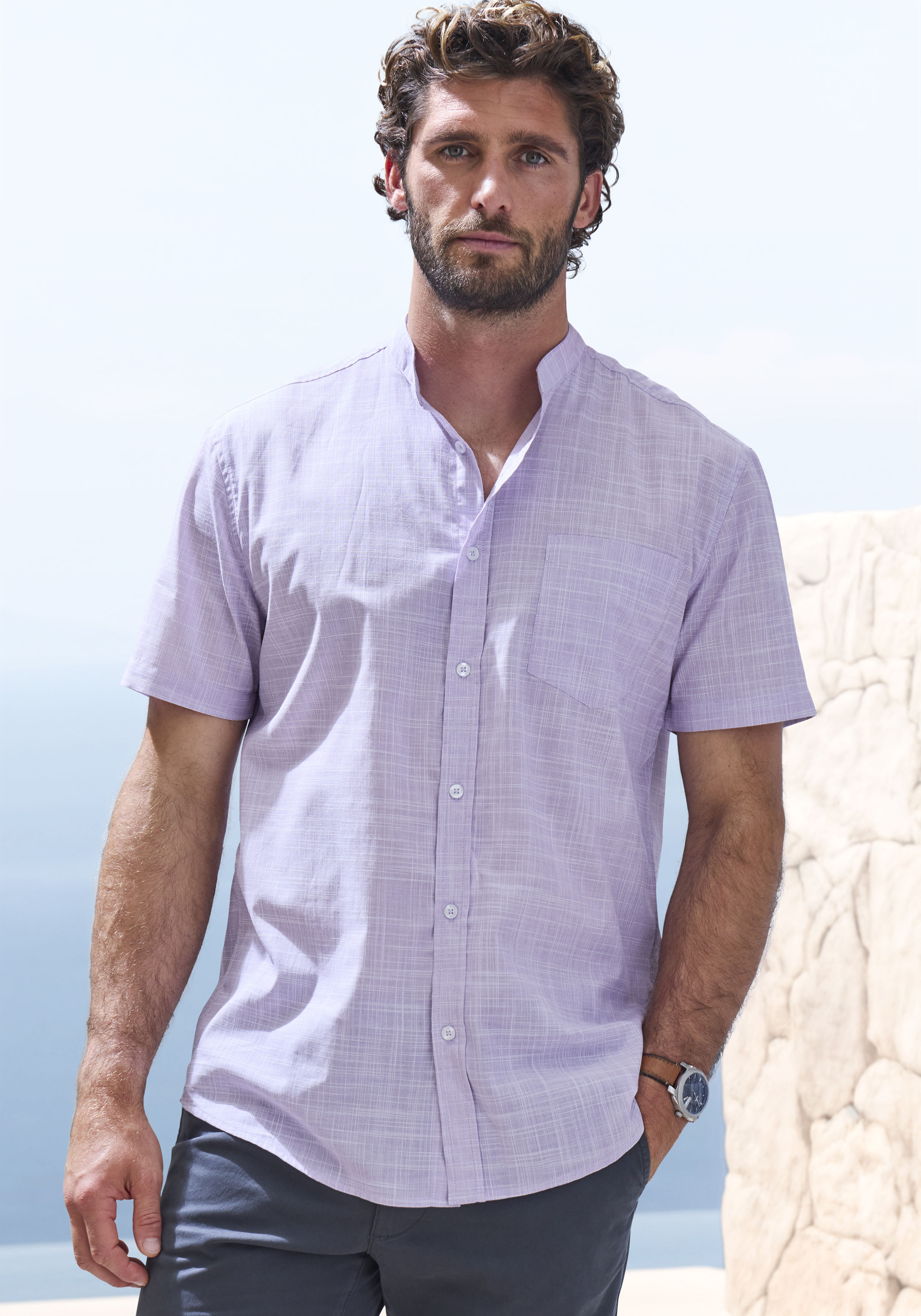 Kurzarmhemd H.I.S, Herren, Gr. XL (43/44), N-Gr, lila, Web, Obermaterial: 100% Baumwolle, unifarben, regular fit, Rundhals, abgesteppte Kante, Hemden, Regular Fit, Stehkragenhemd mit Brusttasche, reine Baumwolle