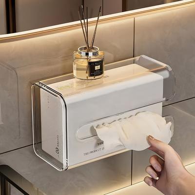 TEMU Modern Clear Acrylic Tissue Box Cover - Wall-mounted, Polished Plastic Dispenser With Smooth Paper Exit For Bathroom, Kitchen & Living Room Decor, Bathroom Organizers And Storage Image