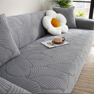 TEMU 1pc Thickened Jacquard Velvet Sofa Cover With Leaf Print - Machine Washable Nordic For 3/2/4-seater & Sectional Sofas, Grey & White Modern Home Decor, Sectional Sofa For Living Room Image