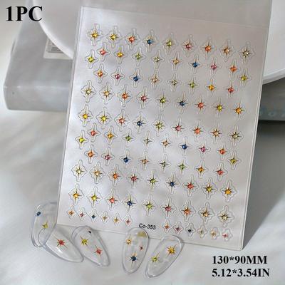 TEMU 1pc Coco Notes 5d Embossed Jelly Nail Stickers - Golden & Silvery Four-pointed Star Designs, Colorful Diy Nail Decals For Creative , Self-adhesive, Glitter Finish, Nail Art Accessorie Image