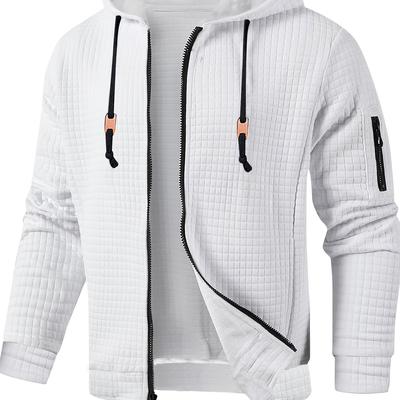 TEMU Gekm Men's Knit Hoodie, 100% Polyester Long Sleeve Zip-up Hooded Sweatshirt, Casual Sports Pullover With Drawstring, Regular Fit, Stretch, 250g/m² Fabric Weight Image